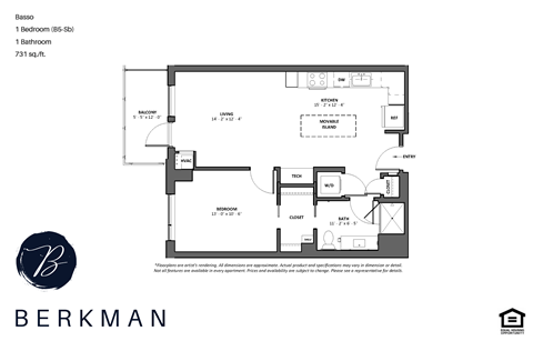 Floor plan for 1 bed, 1 bath, 731 sqft